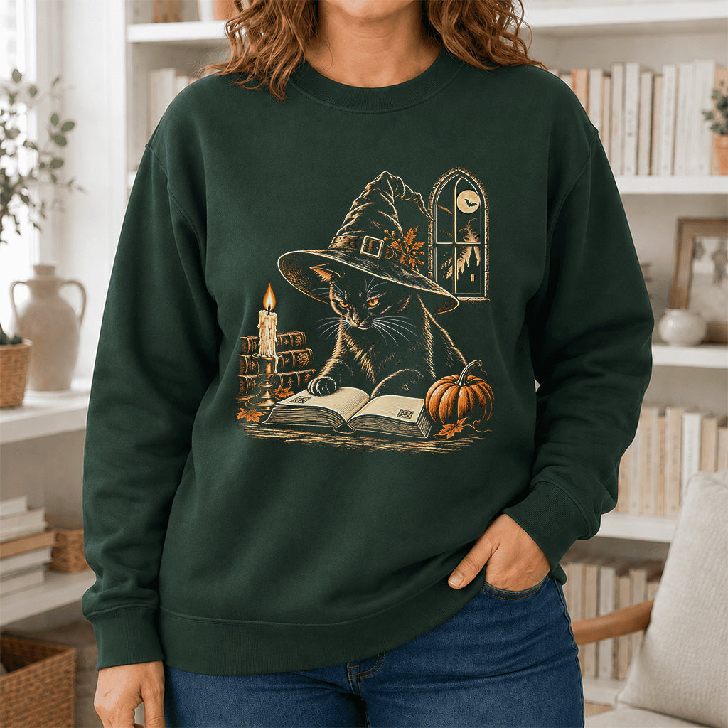 Reading Black Cat Witch Printed Sweatshirt | Halloween Book Lover Gift Forest Green