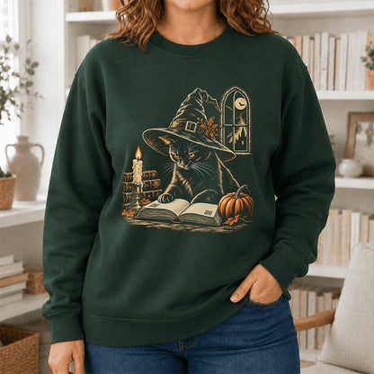 Reading Black Cat Witch Printed Sweatshirt | Halloween Book Lover Gift Forest Green