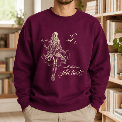 Funny Dress-Wearing Bookworm Ghost Printed Sweatshirt | Halloween Reader Gift Maroon