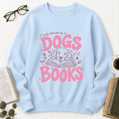 Easily Distracted By Dog And Books Crewneck Sweatshirt | Dog Lover & Reader Gift Light Blue