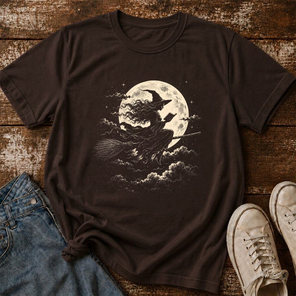 Reading Witch On The Flying Broom Printed T-Shirt | Halloween Book Lover Gift Dark Chocolate