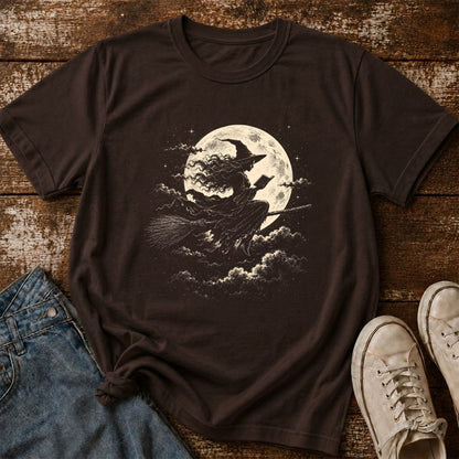 Reading Witch On The Flying Broom Printed T-Shirt | Halloween Book Lover Gift Dark Chocolate