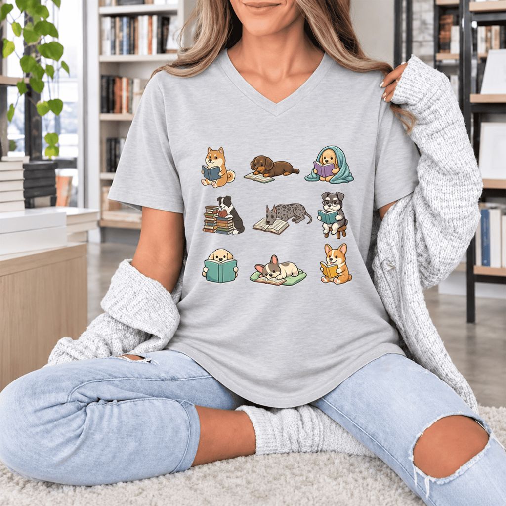 Funny Reading Dogs Ultra-Soft V-Neck | Dog Mom Reader Gift Ash
