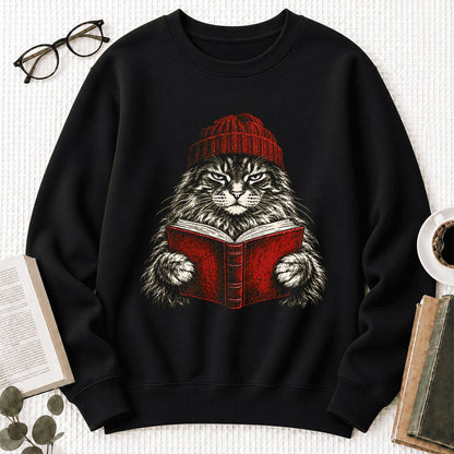 Vintage Reading Cat Maine Coon Softstyle Sweatshirt | Christmas Book Lover Gift Black