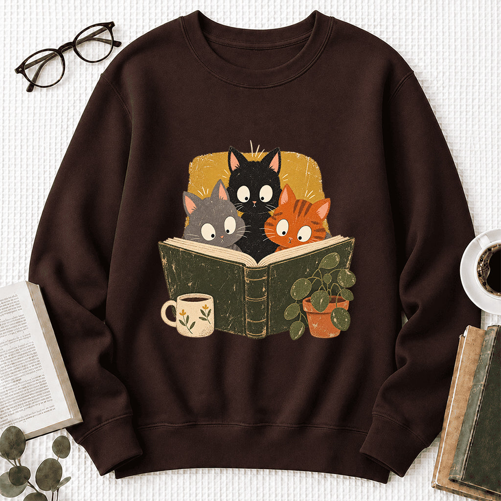 Minimal Japanese Cats Reading Crewneck Sweatshirt | Reader Gift Dark Chocolate