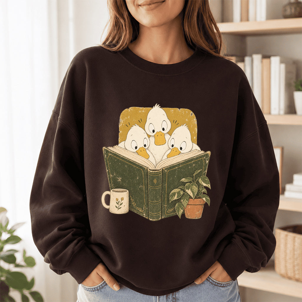 Minimal Japanese Ducks Reading Crewneck Sweatshirt | Reader Gift Dark Chocolate