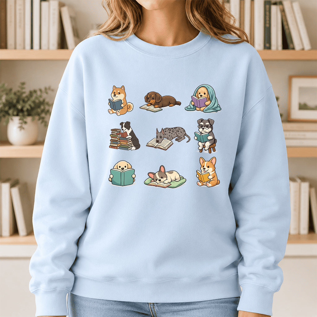 Funny Dogs Reading Crewneck Sweatshirt | Reader Gift Light Blue