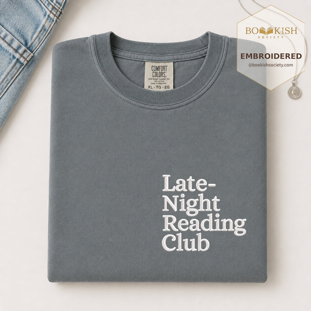 Late Night Reading Club Embroidered Comfort Color® T-shirt | Book Lover Gift Granite