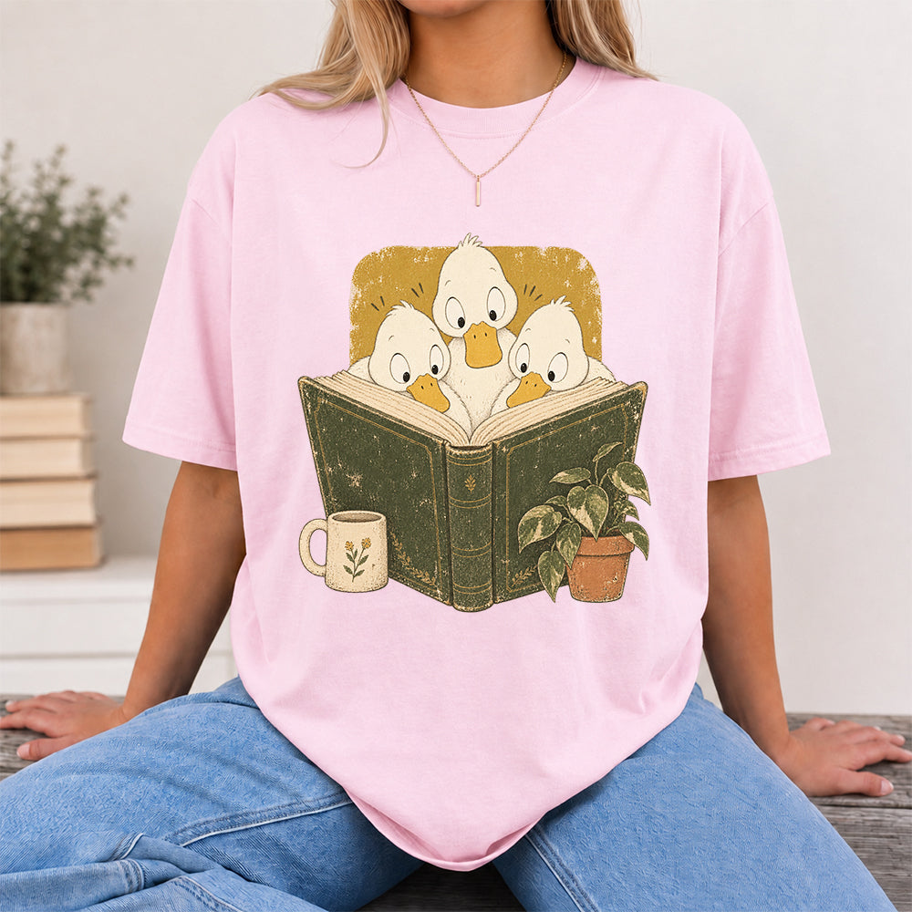 Minimal Japanese Ducks Reading Softstyle T-Shirt | Book Lover Gift Light Pink