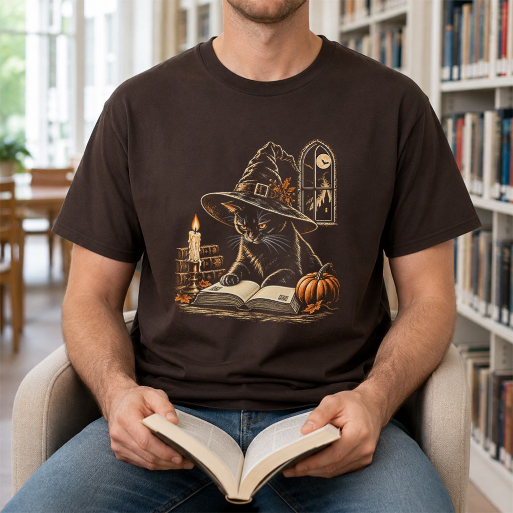 Reading Black Cat Witch Printed T-Shirt | Halloween Book Lover Gift Dark Chocolate