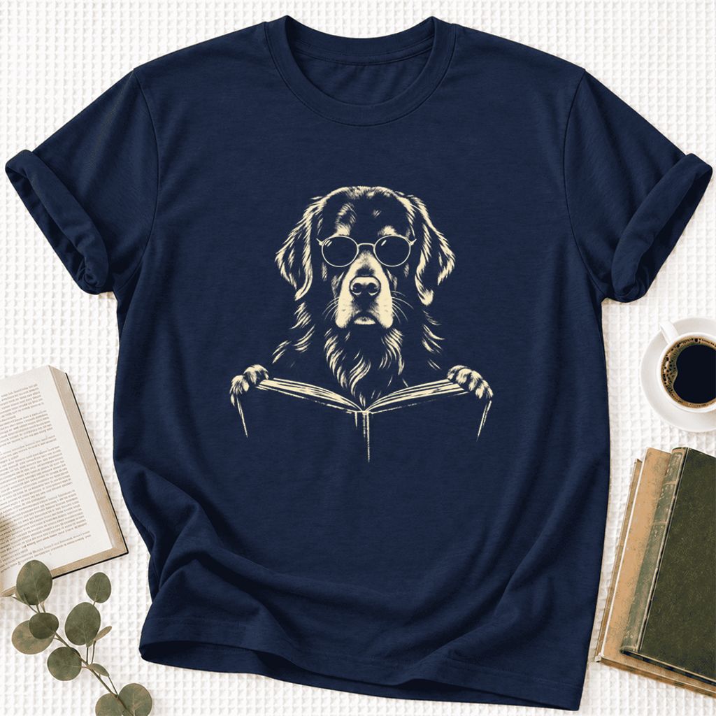 Golden Retriever Reading Book Ultra-Soft Cotton T-Shirt | Dog Mom Reader Gift Navy