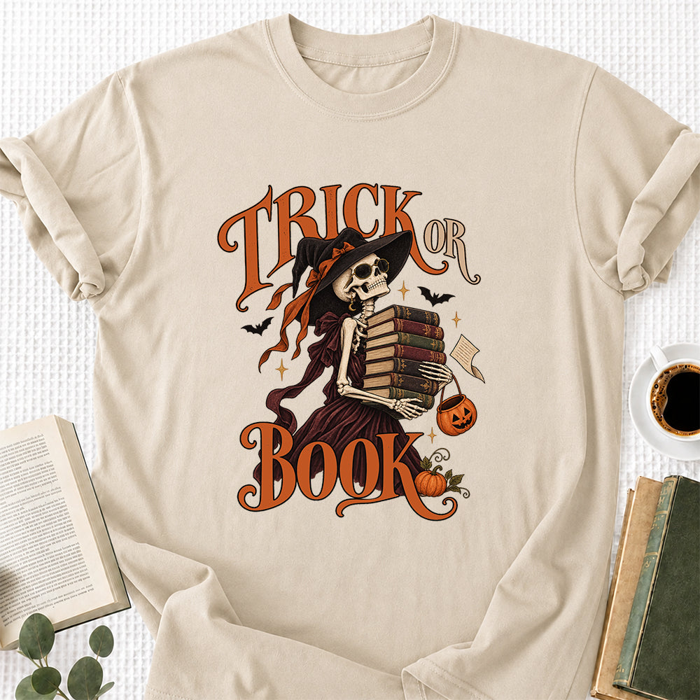 Trick Or Book Lady Printed T-Shirt | Halloween Book Lover Gift Sand