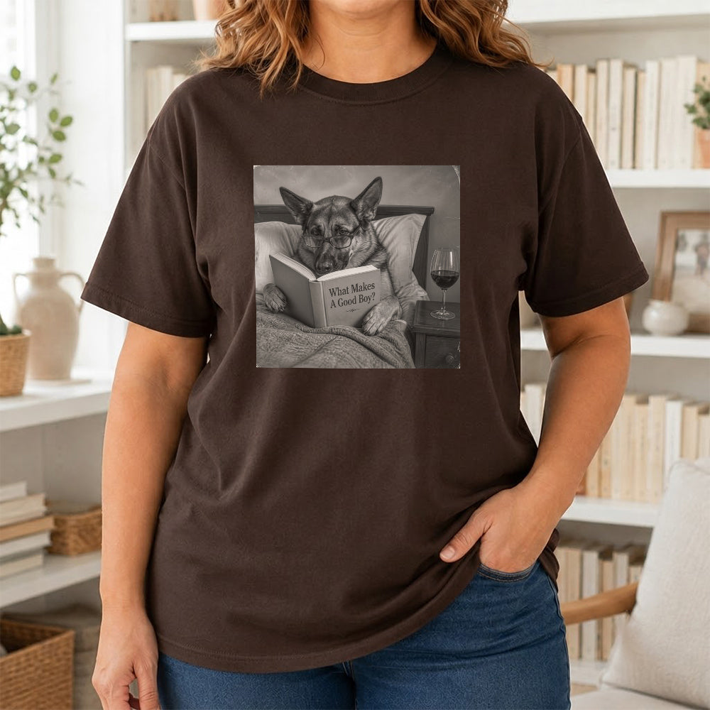 What Makes A Good Boy Printed T-Shirt | Cozy German Shepherd Mom Reader Gift Dark Chocolate