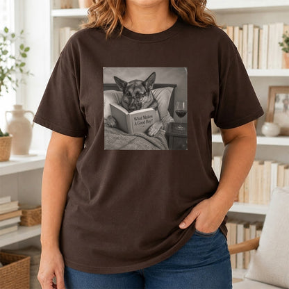 What Makes A Good Boy Printed T-Shirt | Cozy German Shepherd Mom Reader Gift Dark Chocolate