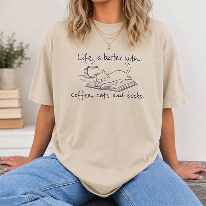Funny Cats and Books Design Softstyle T-Shirt | Book Lover Gift Sand