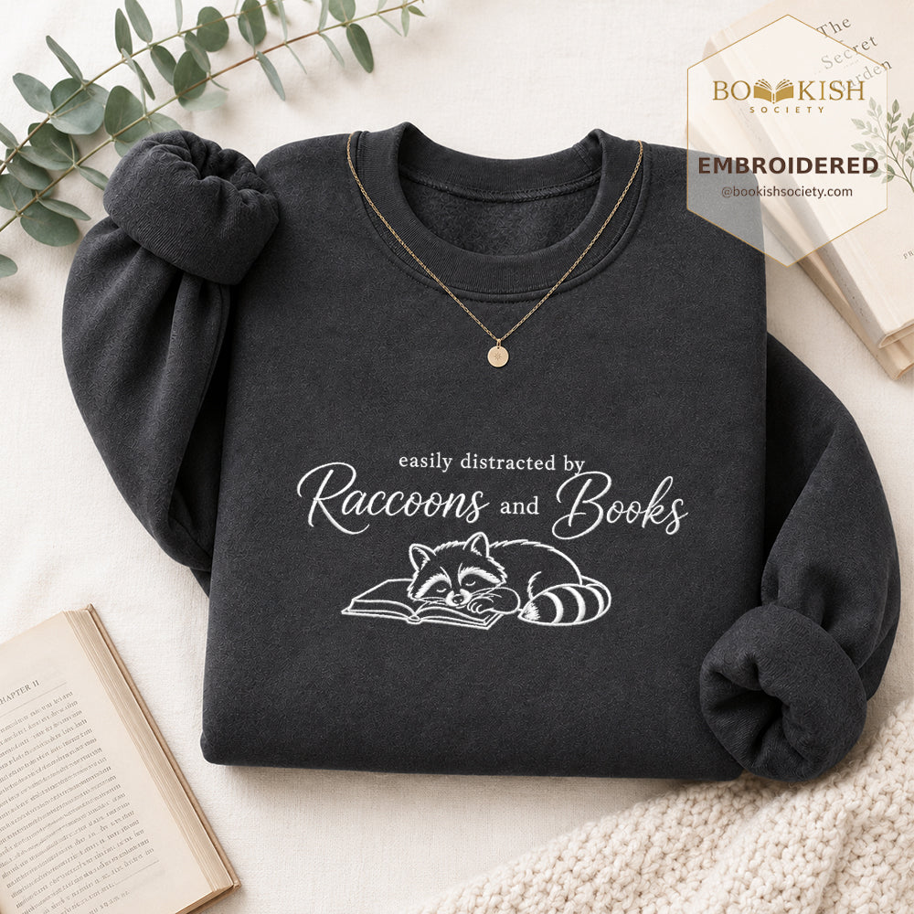 Easily Distracted By Raccoons And Books Embroidered Sweatshirt | Reader Gift Dark Heather