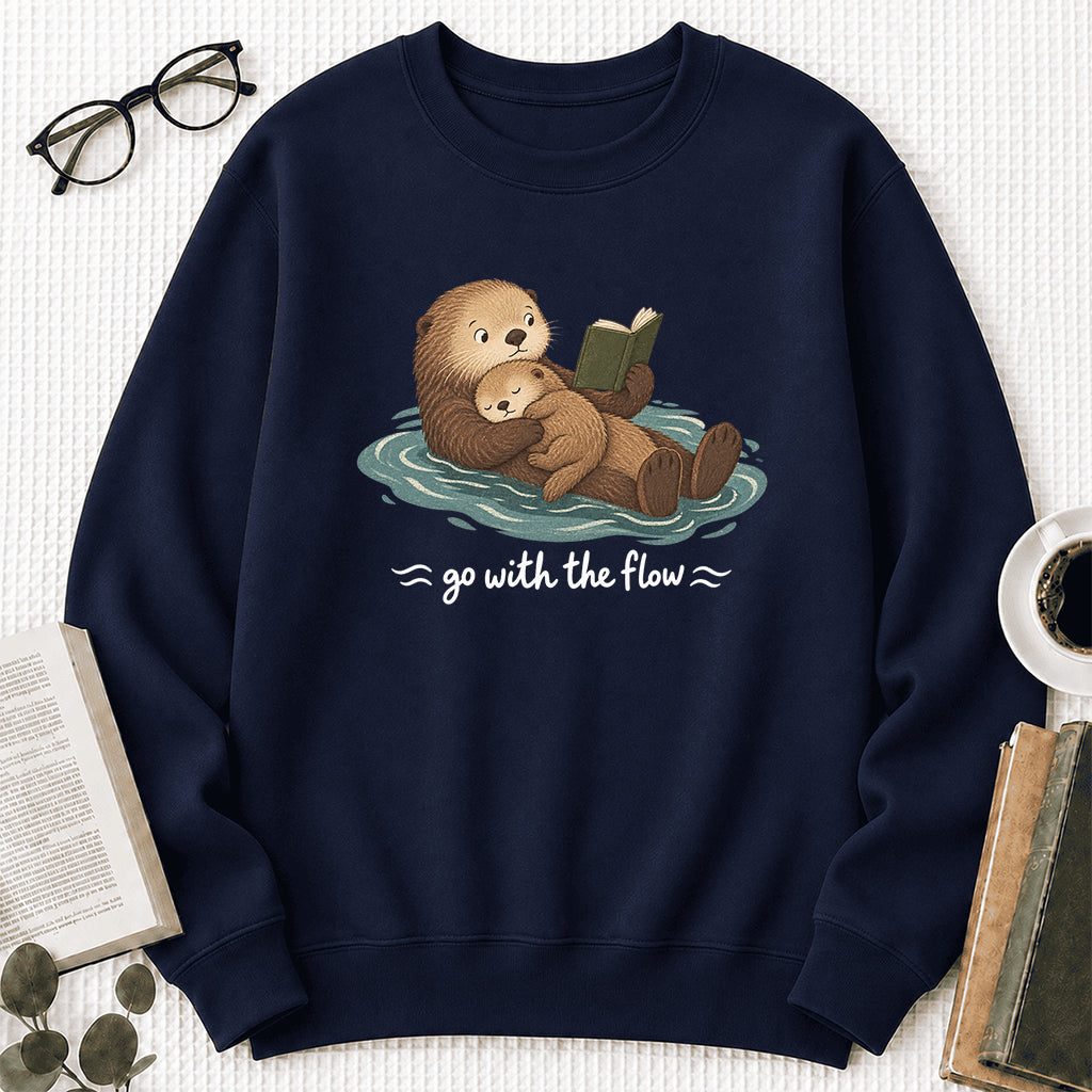 Go With The Flow Otter Reading Crewneck Sweatshirt | Reader Gift Navy