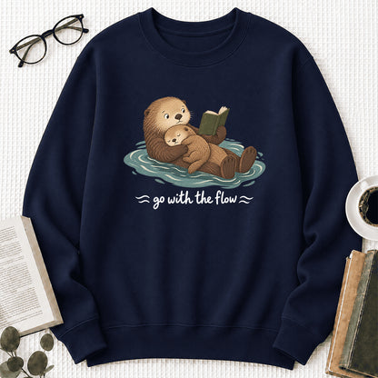 Go With The Flow Otter Reading Crewneck Sweatshirt | Reader Gift Navy