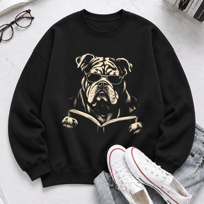 Bulldog Reading Book Crewneck Sweatshirt | Reader Gift Black