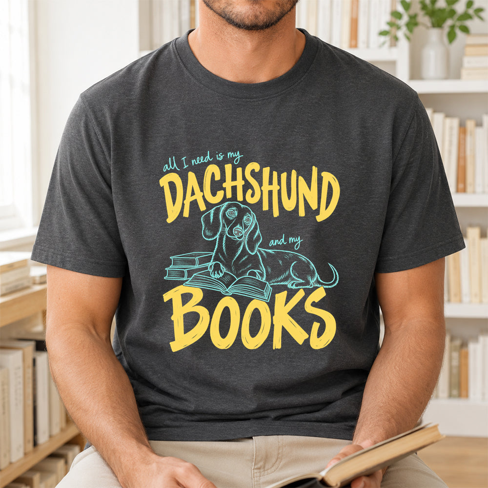 All I Need Is My Dachshund And My Books Softstyle T-Shirt | Book Lover Gift Dark Heather