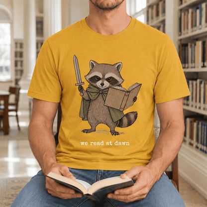 We Read At Dawn Funny Racoon Ultra-Soft Cotton T-Shirt | Playful Reader Gift Mustard