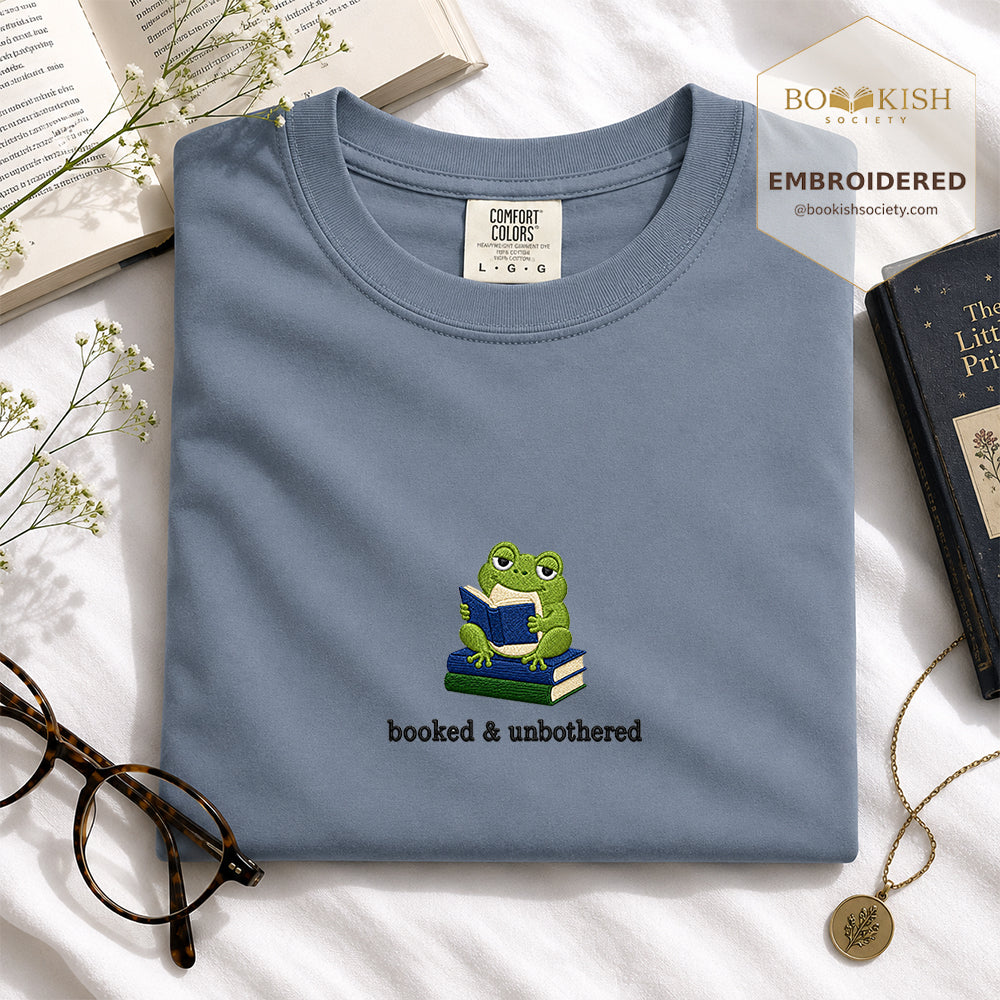 Booked and Unbothered Embroidered Comfort Color® T-shirt | Book Lover Gift Blue Jean
