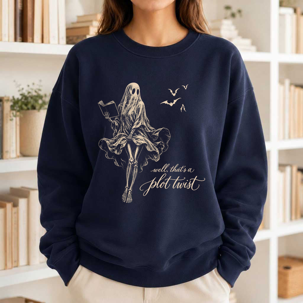 Funny Dress-Wearing Bookworm Ghost Printed Sweatshirt | Halloween Reader Gift Navy