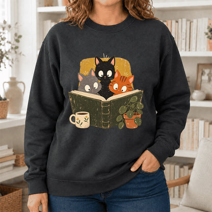Minimal Japanese Cats Reading Crewneck Sweatshirt | Reader Gift Dark Heather