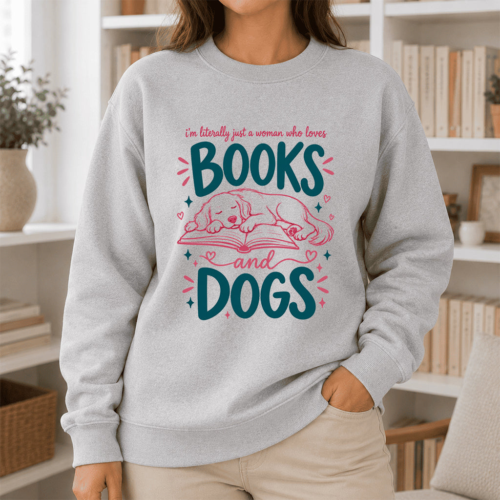 Just A Woman Who Loves Books and Dogs Crewneck Sweatshirt |  Dog Lover & Reader Gift Sport Grey