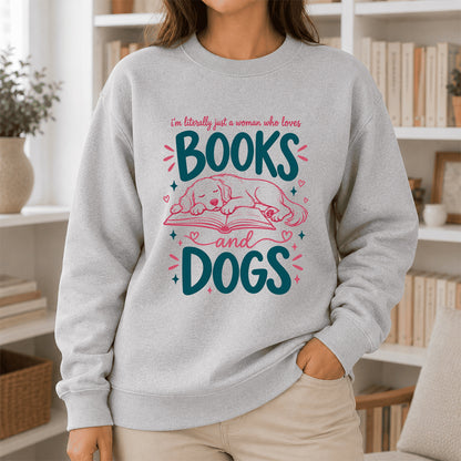Just A Woman Who Loves Books and Dogs Crewneck Sweatshirt |  Dog Lover & Reader Gift Sport Grey