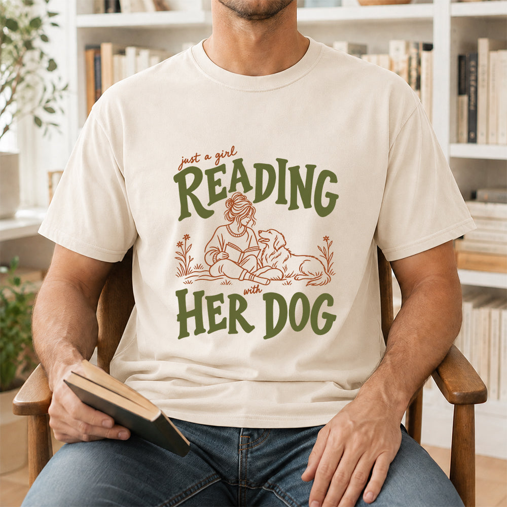 Just A Girl Reading With Her Dog Softstyle T-Shirt | Book Lover Gift Natural