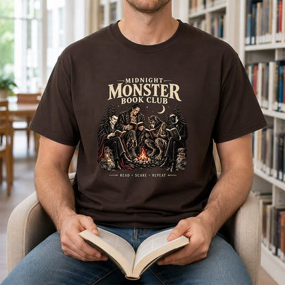 Midnight Monster Book Club Printed T-Shirt | Halloween Book Lover Gift Dark Chocolate