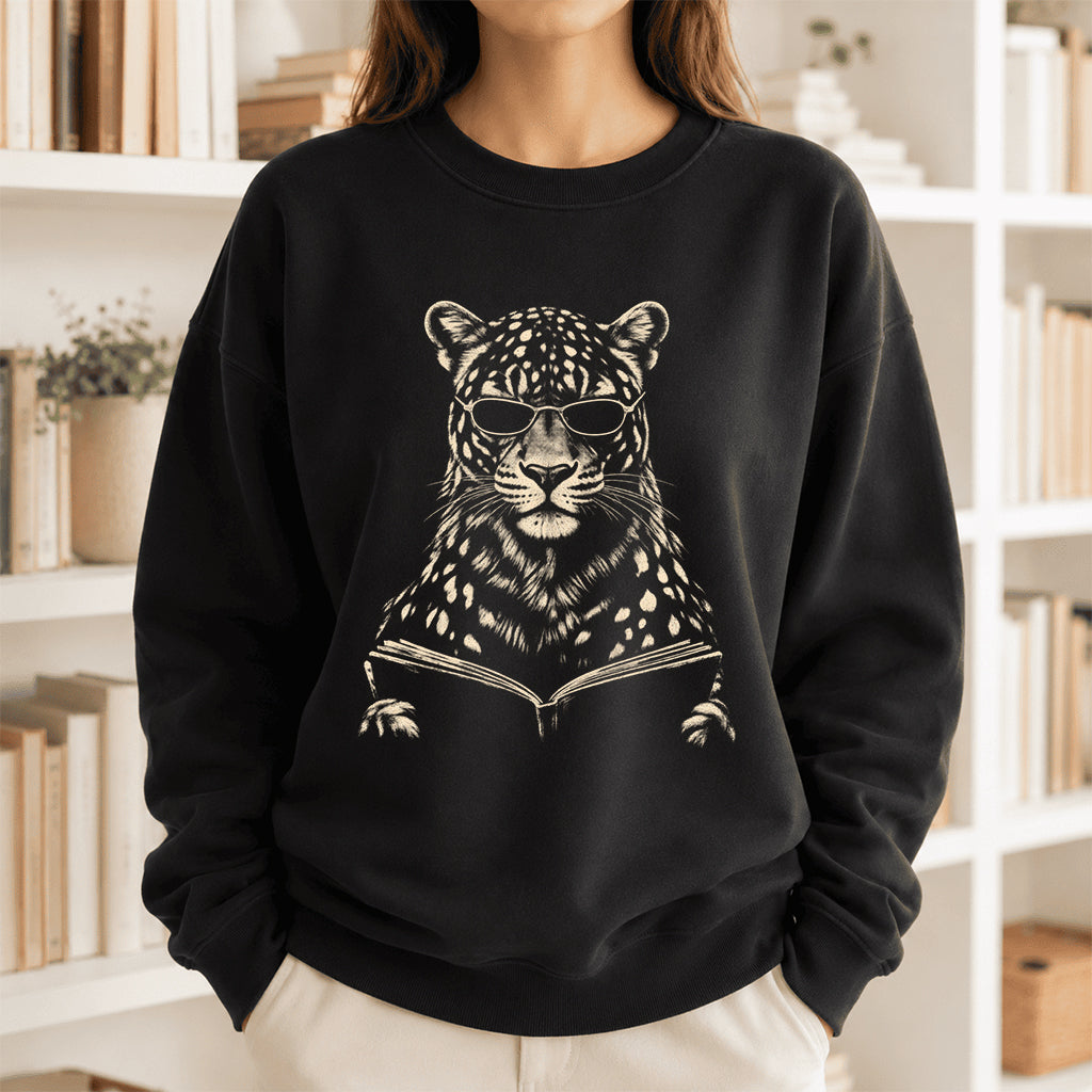 Leopard Reading Book Crewneck Sweatshirt | Reader Gift Black