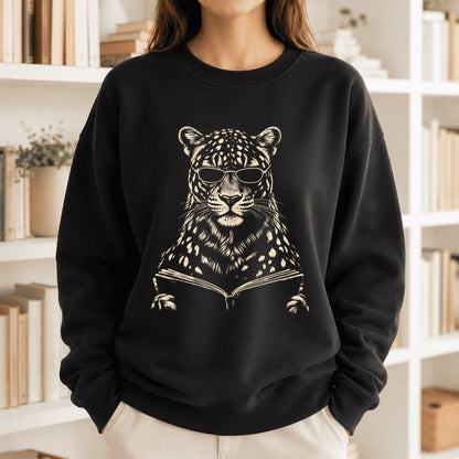 Leopard Reading Book Crewneck Sweatshirt | Reader Gift Black