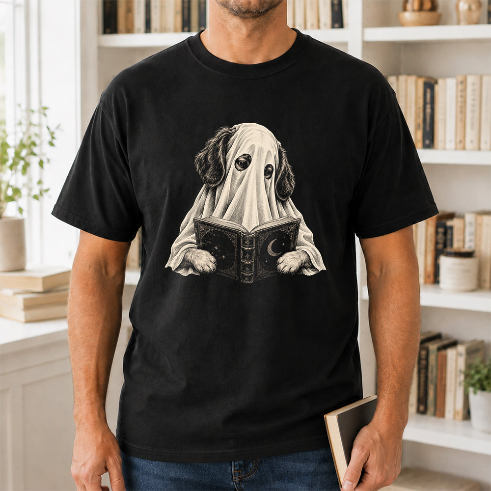 Reading Ghost Dog Printed T-Shirt | Halloween Dog Lover Gift Black