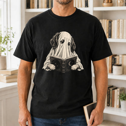 Reading Ghost Dog Printed T-Shirt | Halloween Dog Lover Gift Black