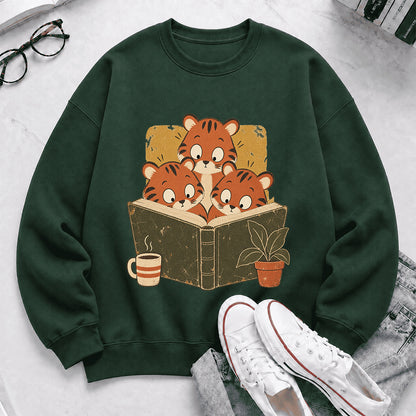 Minimal Japanese Tigers Reading Crewneck Sweatshirt | Reader Gift Forest Green