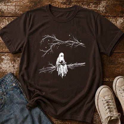 Reading Ghost With Black Cat Printed T-Shirt | Halloween Cat Lover Reader Gift Dark Chocolate