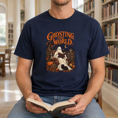 Ghosting The World Cotton T-Shirt | Halloween Book Lover Gift Navy