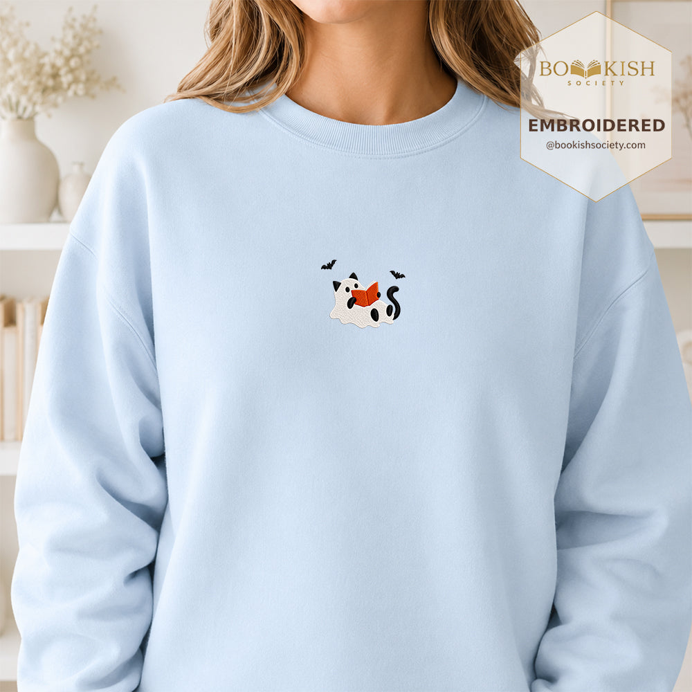 Reading Ghost Cat Embroidered Sweatshirt | Spooky Halloween Reader Gift Light Blue