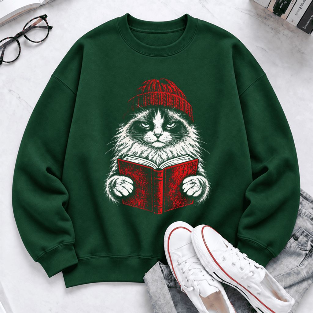 Vintage Reading Cat Ragdoll Softstyle Sweatshirt | Christmas Reader Gift Forest Green