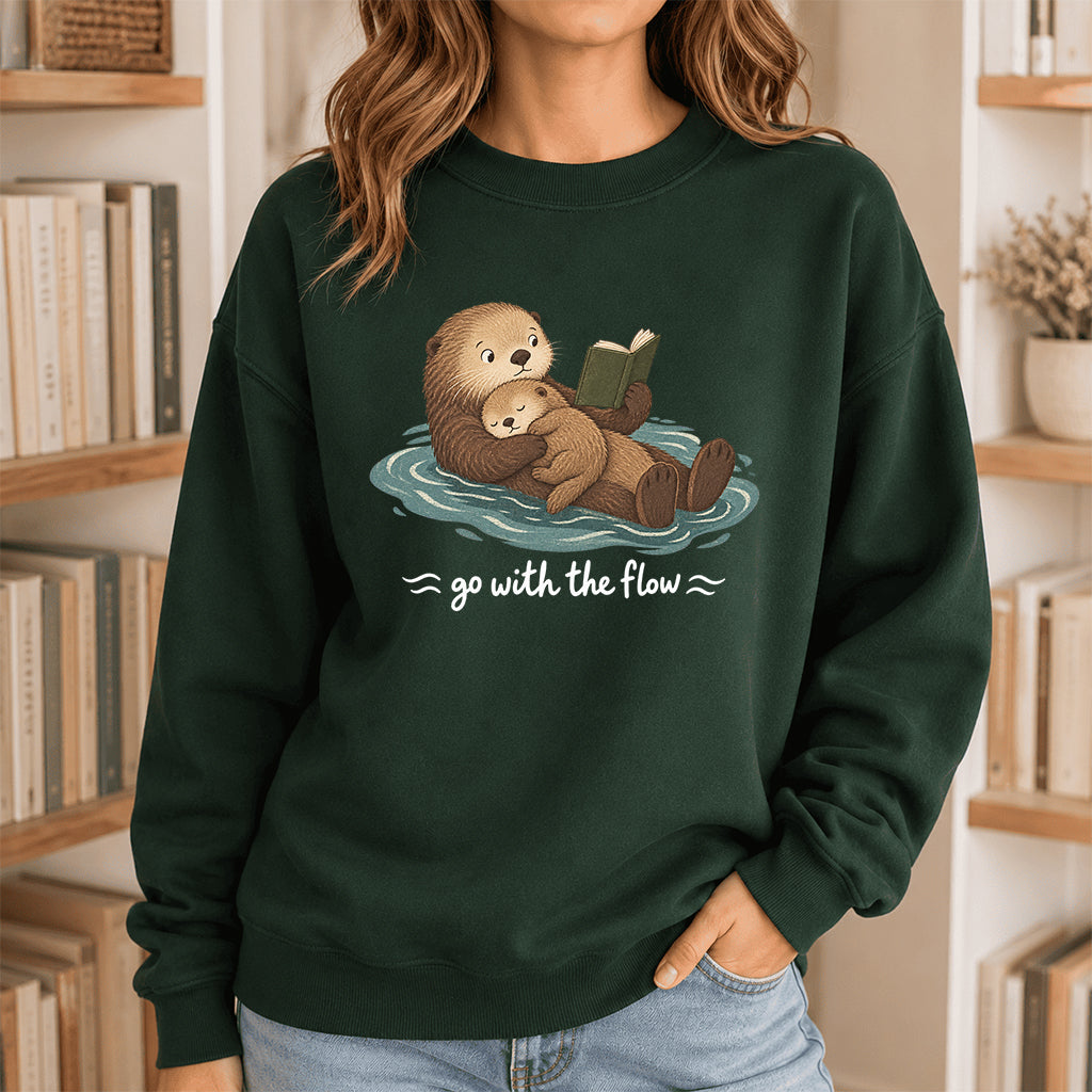 Go With The Flow Otter Reading Crewneck Sweatshirt | Reader Gift Forest Green