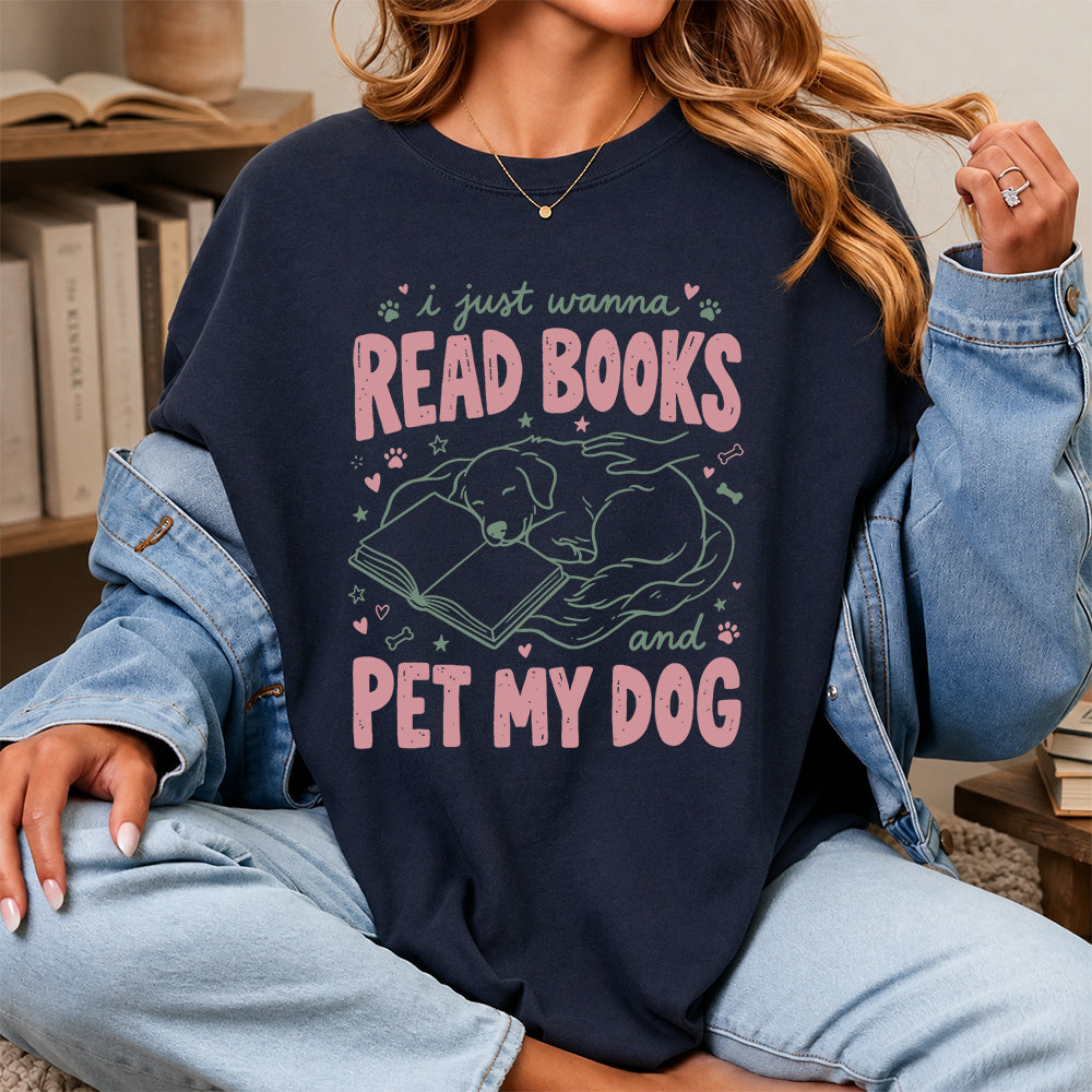 I Just Wanna Read Books And Pet My Dog Cotton T-Shirt | Dog Lover & Reader Gift Navy