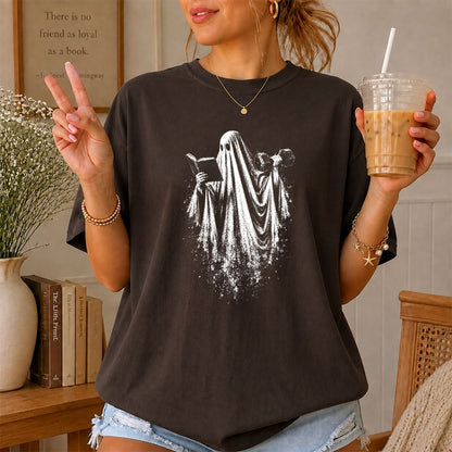 Reading Gym Ghost Printed T-Shirt | Halloween Book Lover Gift Dark Chocolate