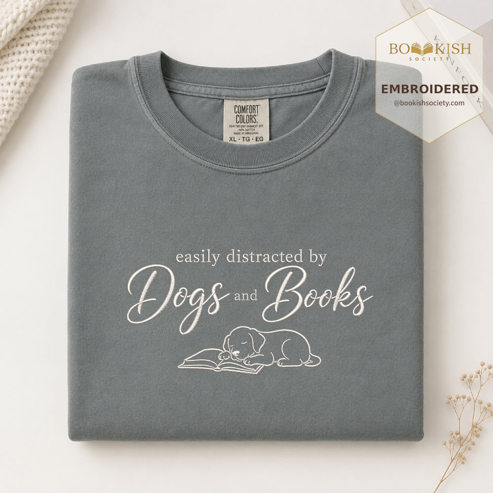 Easily Distracted By Dogs And Books Embroidered Comfort Color® T-shirt | Book Lover Gift Granite