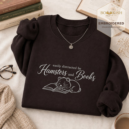 Easily Distracted By Hamsters And Books Sport Embroidered Sweatshirt | Reader Gift Dark Chocolate
