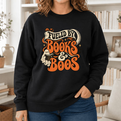 Fueled By Books & Boos Printed Sweatshirt | Halloween Book Lover Gift Black