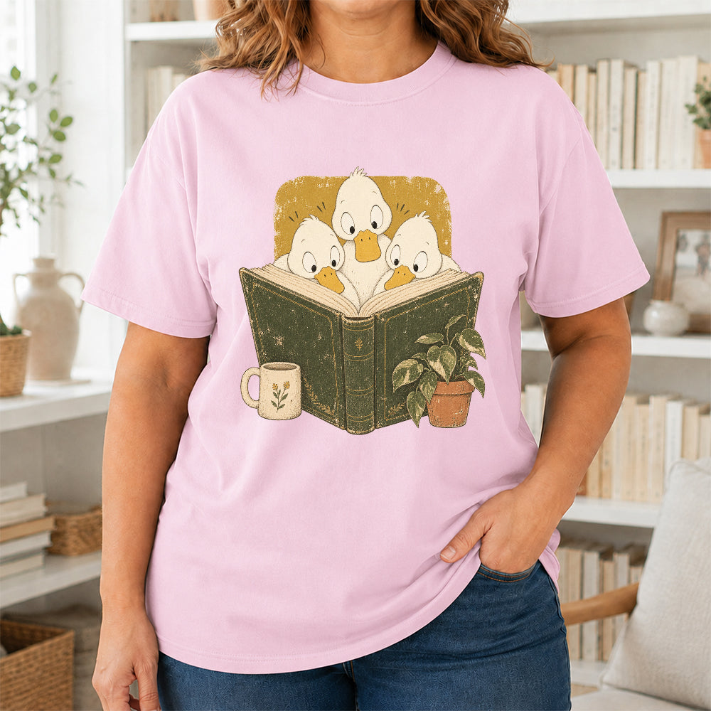 Minimal Japanese Ducks Reading Softstyle T-Shirt | Book Lover Gift Light Pink