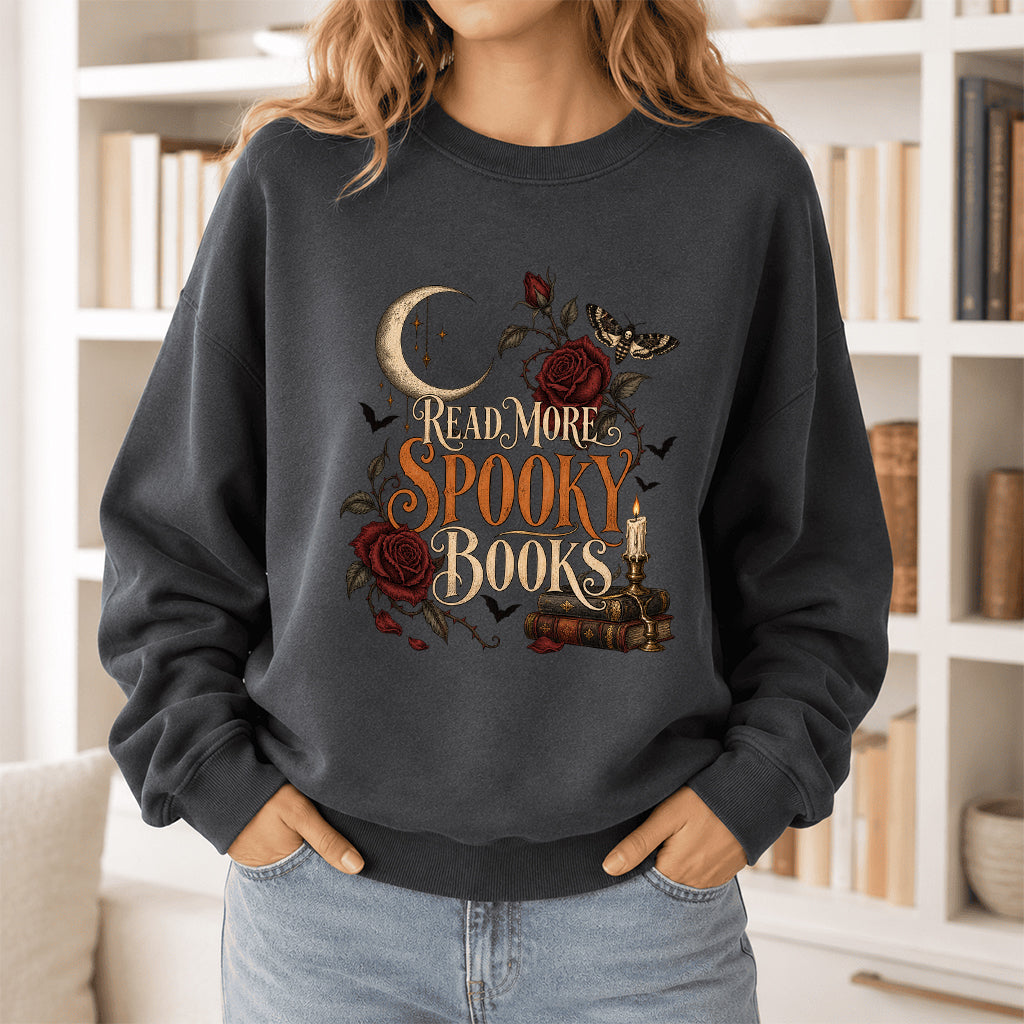 Read More Spooky Books Printed Sweatshirt | Halloween Book Lover Gift Dark Heather