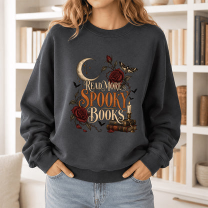 Read More Spooky Books Printed Sweatshirt | Halloween Book Lover Gift Dark Heather